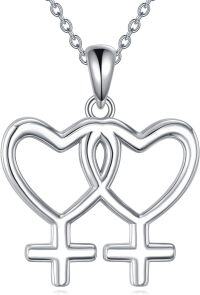 wholesale 925 Sterling Silver Double Heart Female Symbol LGBT Pride Pendant Necklace for Couples LGBTQ Gift-Lesbian Necklace-Heart