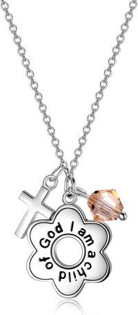 wholesale 925 Sterling Silver Daisy Child of God Necklace for Girls Baptism Communion Birthday-Light pink