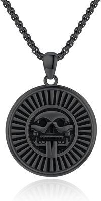 wholesale 925 Sterling Silver Blackened Circle with Skull and Rays Pendant Necklace for Men Women - Aztec Style s-Black