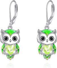 wholesale 925 Sterling Silver Birthstone Owl Dangle Earrings for Women Christmas Gifts-08-August