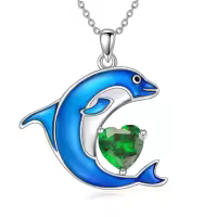 wholesale 925 Sterling Silver Birthstone Blue Dolphin Pendant Necklace-May