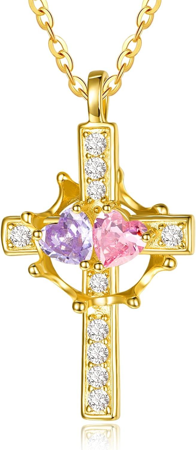Sterling Silver Birthstones Gold Cross Necklace for Women -06-10-Jun-Oct-06-10-Jun-Oct