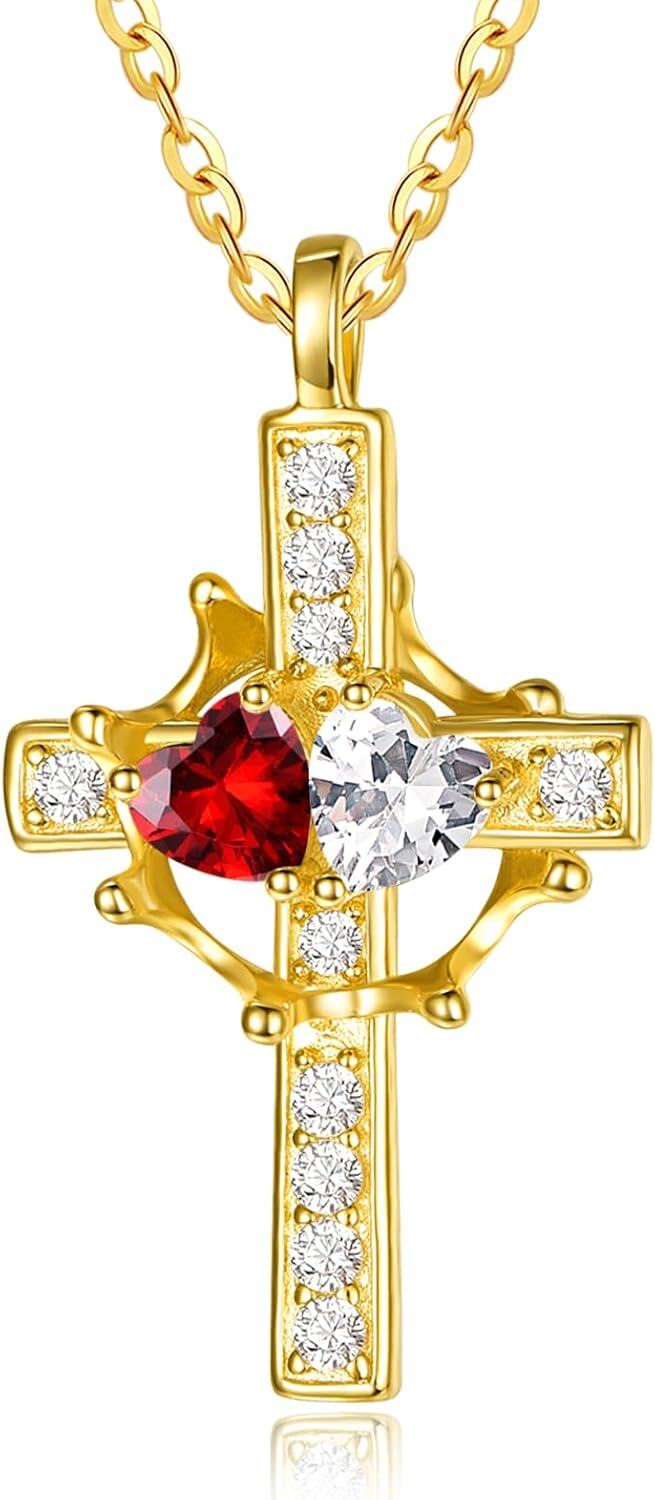 Sterling Silver Birthstones Gold Cross Necklace for Women -01-04-Jan-Apr-01-04-Jan-Apr