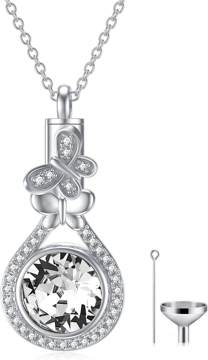 Sterling Silver Austrian Crystal Butterfly Urn Necklace for Ashes-04-Apr. White