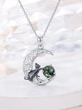 wholesale 925 Sterling Silver Green Moss Agate Crescent Moon with Black Cat and Celtic Knotwork Pendant Necklace-0-5