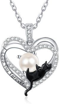wholesale Sterling Silver Birthstone Cat Projection Heart Pendant Necklace-19-Pearl-19-Pearl
