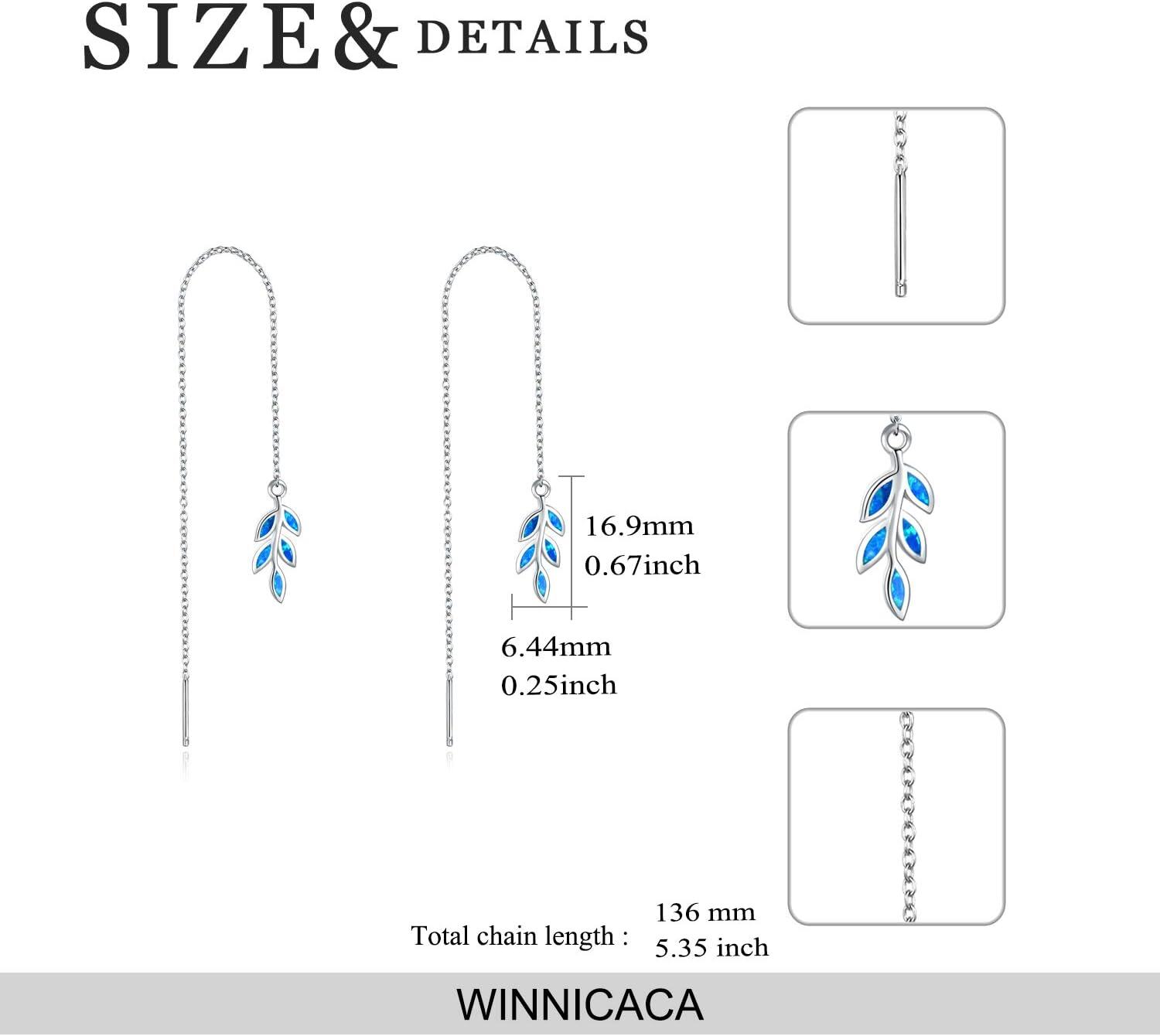 925 Sterling Silver Blue Opal Leaf Threader Drop Dangle Earrings for Women Girls Gift Jewelry Accessories 4cm Long Chain Minimalist Fashion Style Lightweight Hypoallergenic Safe Nickel Free Lead-Free Cadmium-Free-0-2