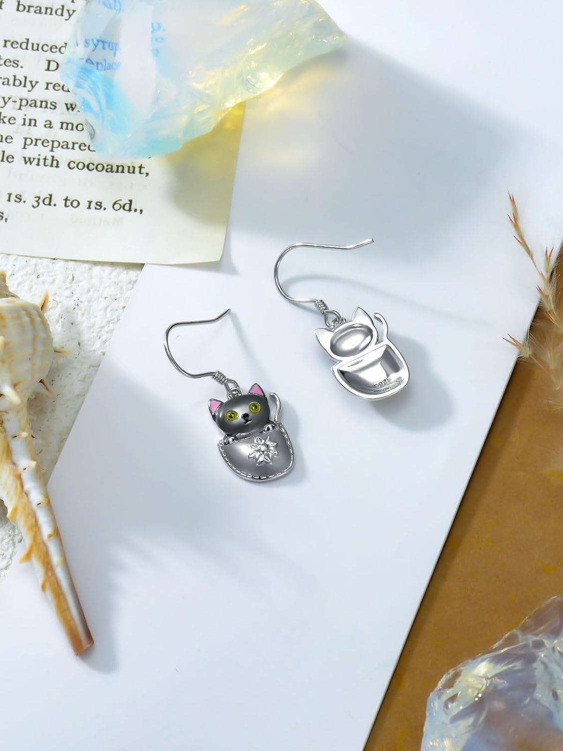 wholesale 925 Sterling Silver Black Cat Drop Earrings with Pink Accents and Flower Design-0-3