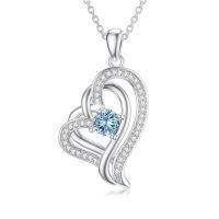 TOUPOP Sterling Silver Aquamarine Double Heart Pendant Necklace-undefined
