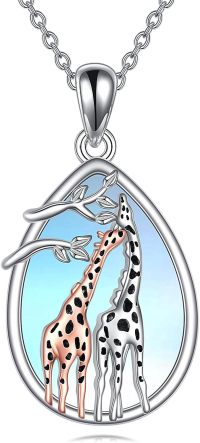 wholesale 925 Sterling Silver Teardrop Giraffes Pendant Necklace with Blue Background and Black Spots-Giraffe
