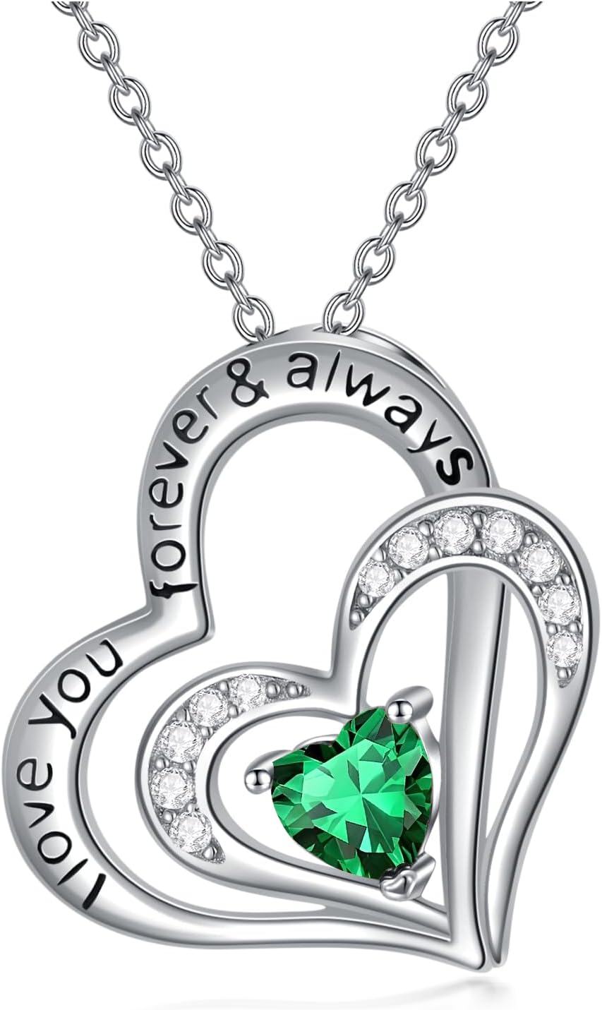 Sterling Silver CZ Heart Birthstone Necklace for Women Anniversary Gift-0-0
