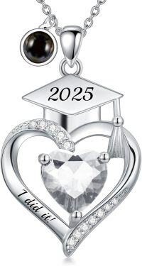 wholesale  Sterling Silver Heart Birthstone Necklace High School College Graduation Jewelry for Her -Customized projection image + text 04-Apri-White-Non-Personalized 04-Apri-White