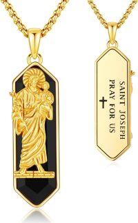 wholesale Gold 925 Sterling Silver Saint Joseph Pendant Necklace  with Black Onyx and Engraved Cross Charm-St Joseph