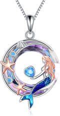 wholesale 925 Sterling Silver Crystal Mermaid Pendant Necklace with Purple and Blue Stones-0-0