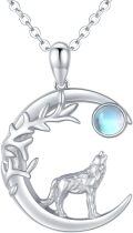 wholesale 925 Sterling Silver Crescent Moon Wolf Howling Pendant Necklace With Moonstone-0-0