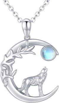 wholesale 925 Sterling Silver Crescent Moon Wolf Howling Pendant Necklace With Moonstone-Crescent Moon Wolf