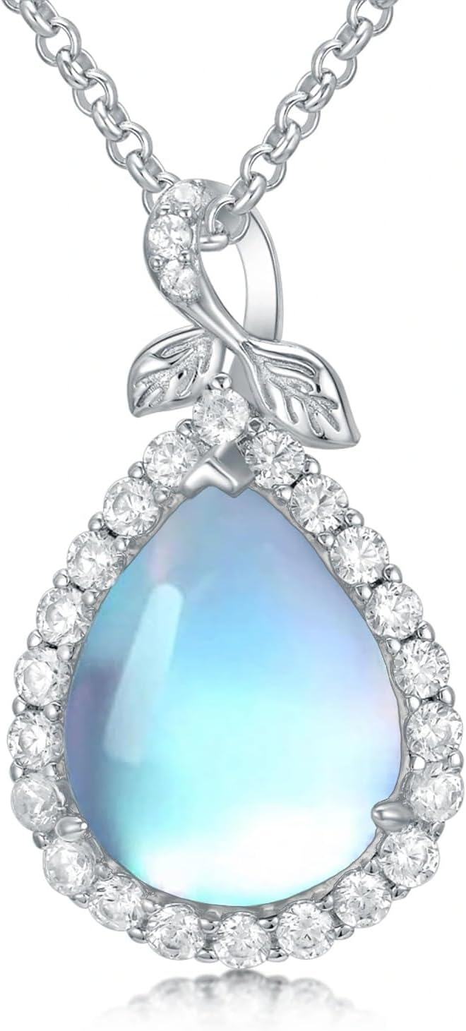 Sterling Silver Moonstone Peridot Moss Agate Dainty Teardrop Pendant Necklace-03-Moonstone