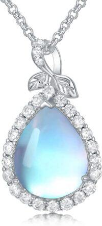 wholesale 925 Sterling Silver Blue Opal Leaf Design Halo Pendant Necklace-03-Moonstone