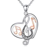 wholesale 925 Sterling Silver Musical Note Heart Pendant Necklace with Rose Gold Accents and Cubic Zirconia Stone-music note