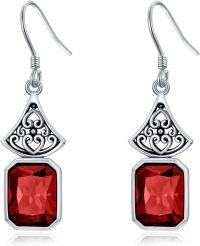 wholesale 925 Sterling Silver & 5A Cubic Zirconia 12x9mm Emerald Cut Birthstone Dangle Drop Earrings-01-Garnet-Red