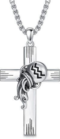 wholesale Sterling Silver Cross Pendant Necklace for Women Men Religious Jewelry Gift for Christmas Birthday Mothers Day-01-07-Aquarius