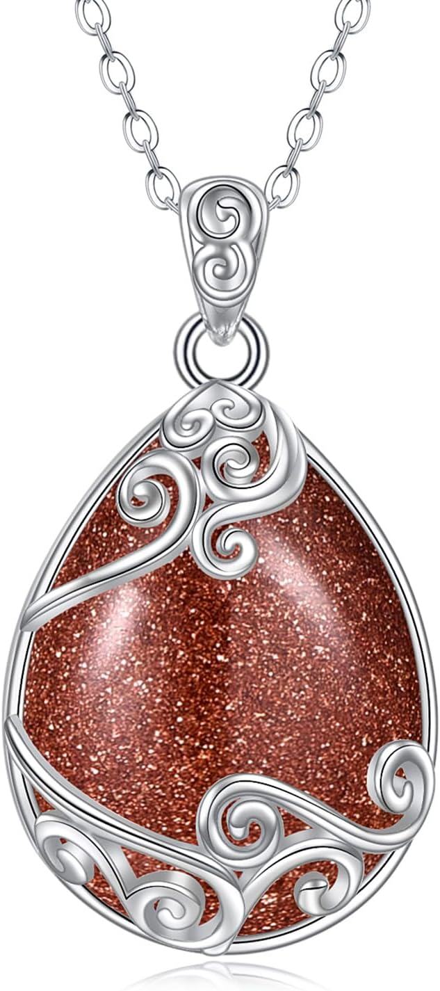 Sterling Silver Moonstone Filigree Teardrop Pendant Necklace for Women-CC-Gold Sand Stone Filigree Necklace