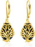 wholesale 925 Sterling Silver Tree of Life Black Onyx Drop Earrings with Gold Plating - Handmade  for Women-0-0