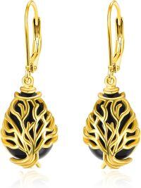 wholesale 925 Sterling Silver Tree of Life Black Onyx Drop Earrings with Gold Plating - Handmade  for Women-Filigree Boho-F