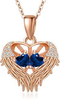 wholesale Sterling Silver 2 Birthstones Angel Wings Necklace for Women-09-09-Sept-Sept