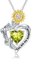 wholesale S925 Sterling Silver Gold Plated Peridot Sunflower Heart Pendant Necklace - You Are My Sunshine, August Birthstone Gift for Women-0-0
