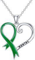 wholesale 925 Sterling Silver Green Mental Health Awareness Heart Ribbon Pendant Necklace-0-0