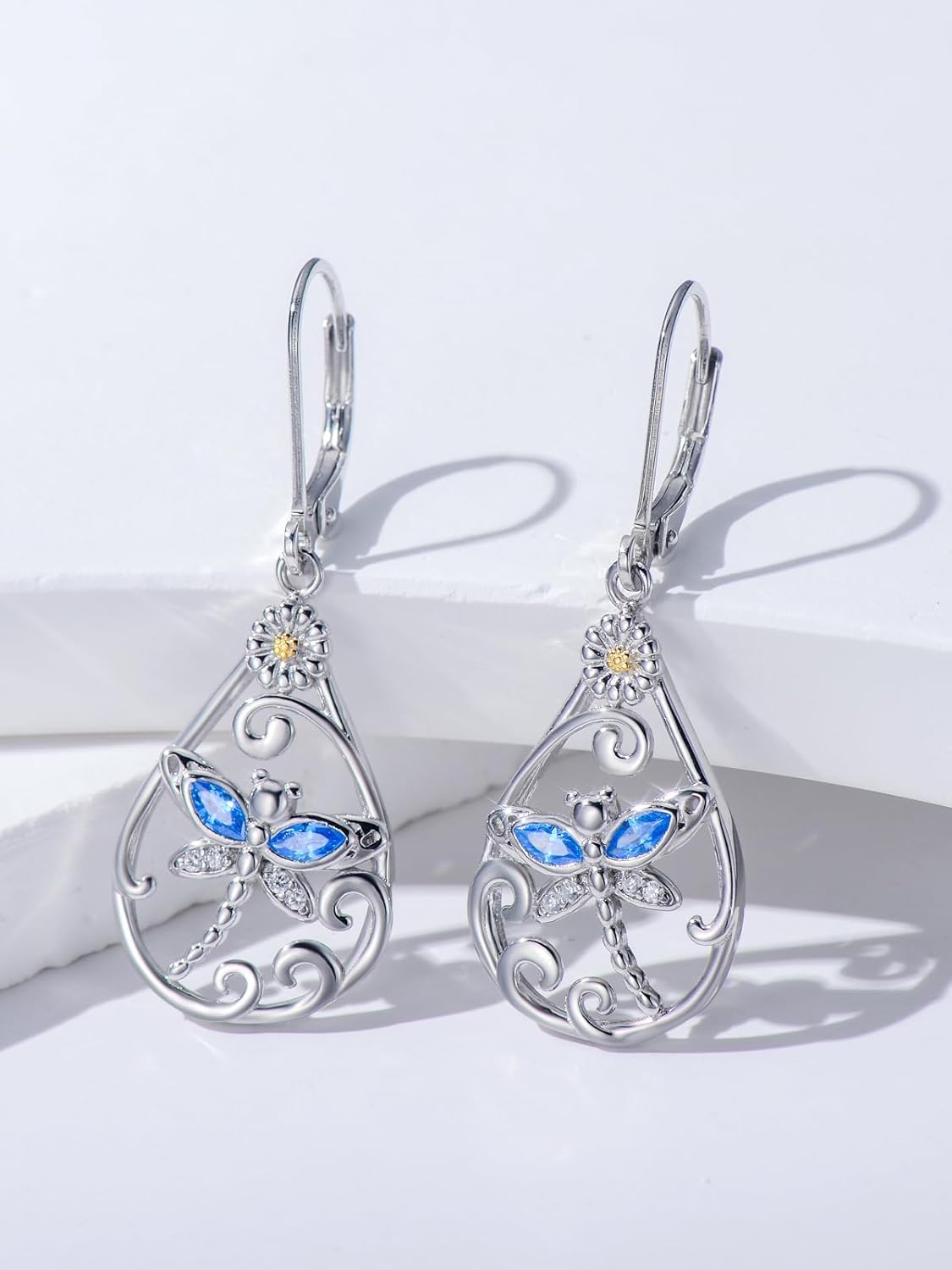 wholesale 925 Sterling Silver Blue Crystal Dragonfly Drop Earrings for Women Girls  4cm Long-0-1