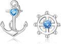 wholesale 925 Sterling Silver Blue Crystal Heart & Helm Stud Earrings - Minimalist Nautical Jewelry-0-0