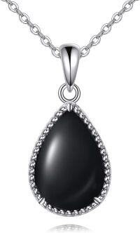 wholesale Sterling Silver Moss Agate Turquoise Larimar Aquamarine Opal Black Onyx Rose Quartz Moonstone Pendant Necklace-Black Onyx