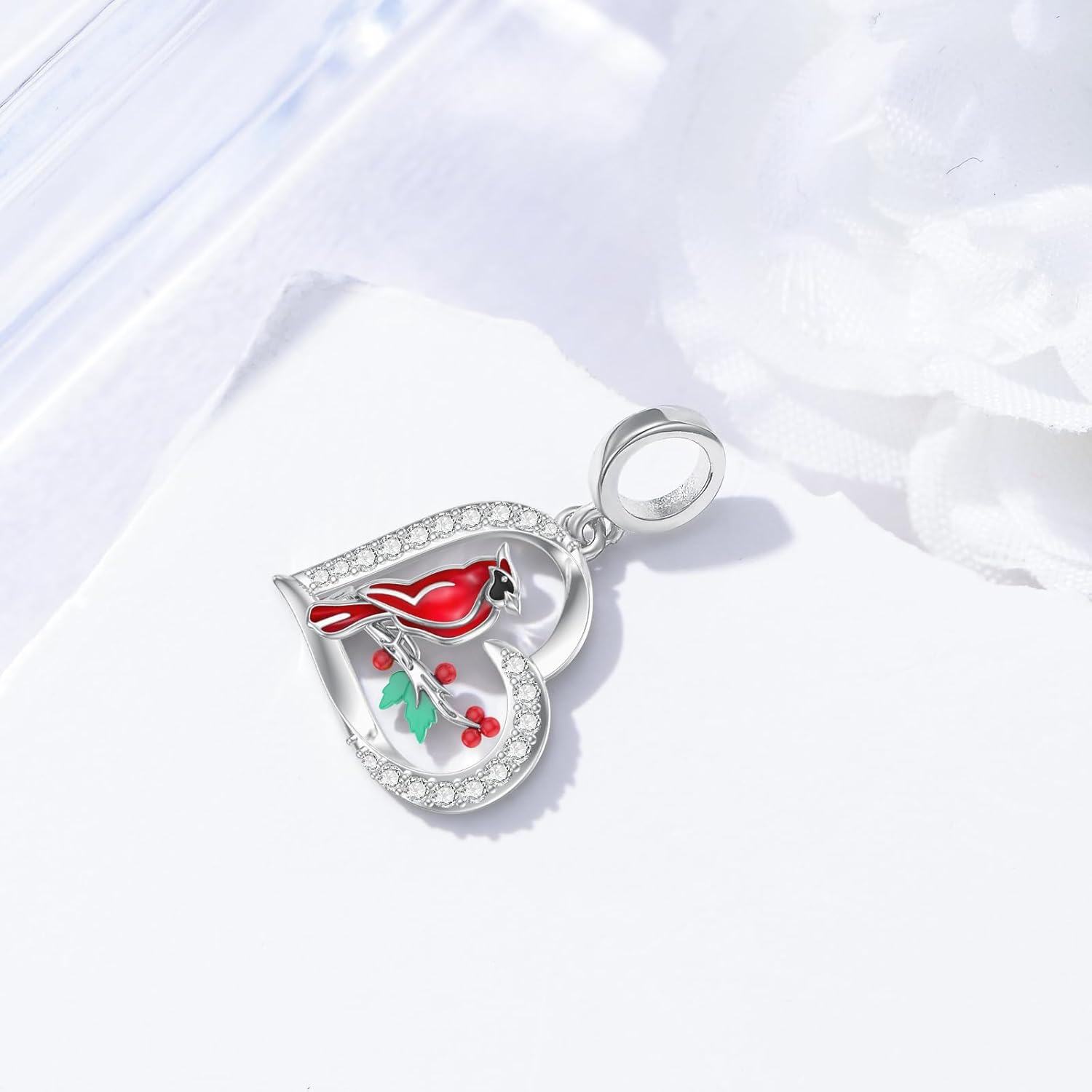 925 Sterling Silver Heart-Shaped Pendant with Red Cardinal and Berries Design for Bracelets or Necklaces-0-1