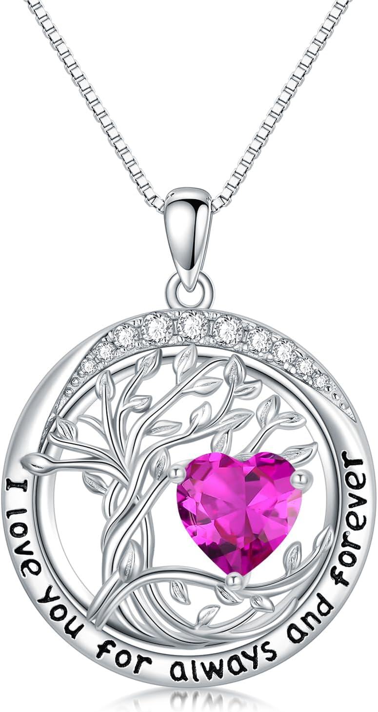 White Gold Sterling Silver Austrian Crystal Tree of Life Birthstone Necklace-10-Oct-Pink