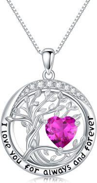 wholesale 925 Sterling Silver Austrian Crystal Tree of Life Pendant Necklaces with Birthstone for Women-10-Oct-Pink