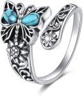 wholesale Sterling Silver Moss Agate Turquoise Vintage Celtic Gothic Skull Butterfly Dragonfly Spoon Open Ring-0-0