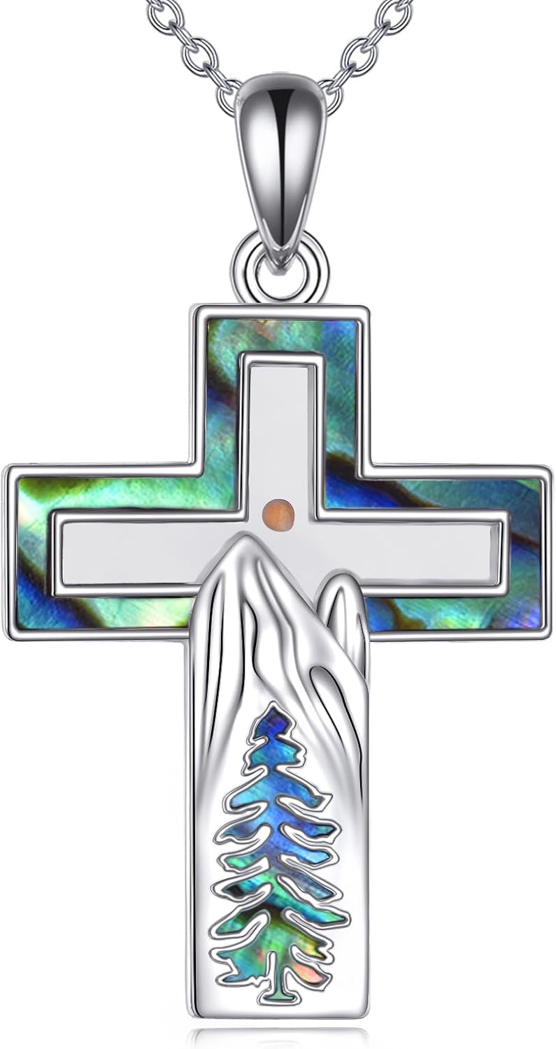 wholesale 925 Sterling Silver Abalone Shell Tree of Life Cross Pendant Necklace for Women Gifts-0-0