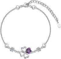 wholesale 925 Sterling Silver 925 Heart-Shaped Clover Anklet w/ Purple Crystal & White CZs for Women-Bracelet7''-9''-Four Clover