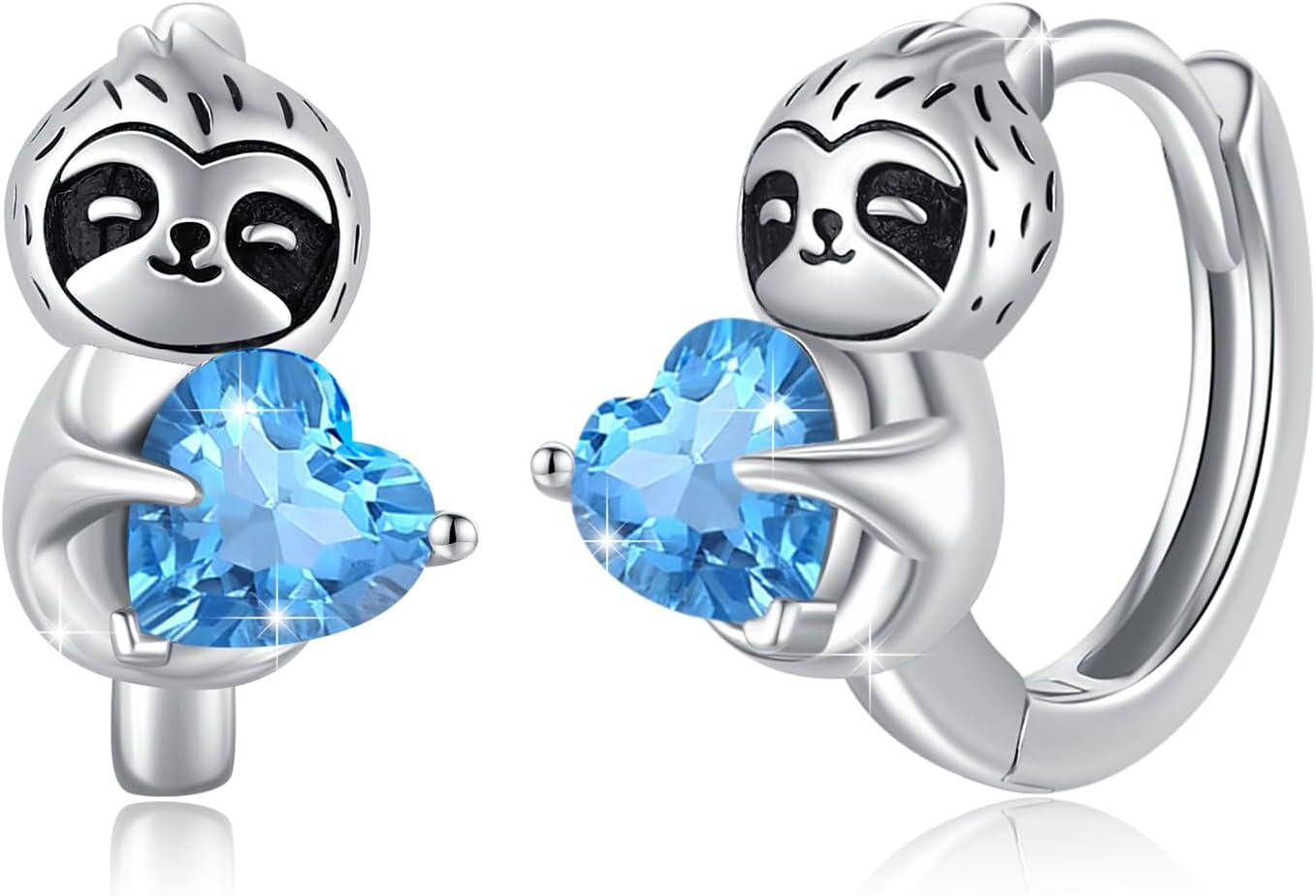 Sterling Silver Hypoallergenic Sloth Hoop Earrings for Women Girls Teens-Blue