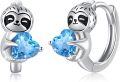 wholesale 925 Sterling Silver Hypoallergenic Blue Crystal Heart Sloth Huggie Hoop Earrings for Women and Teenage Girls-0-0