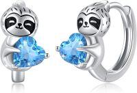 wholesale 925 Sterling Silver Hypoallergenic Blue Crystal Heart Sloth Huggie Hoop Earrings for Women and Teenage Girls-Blue
