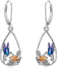 wholesale 925 Sterling Silver Purple Blue Hummingbird Flower Drop Leverback Earrings  for Women Girls-Hummingbird Style-2