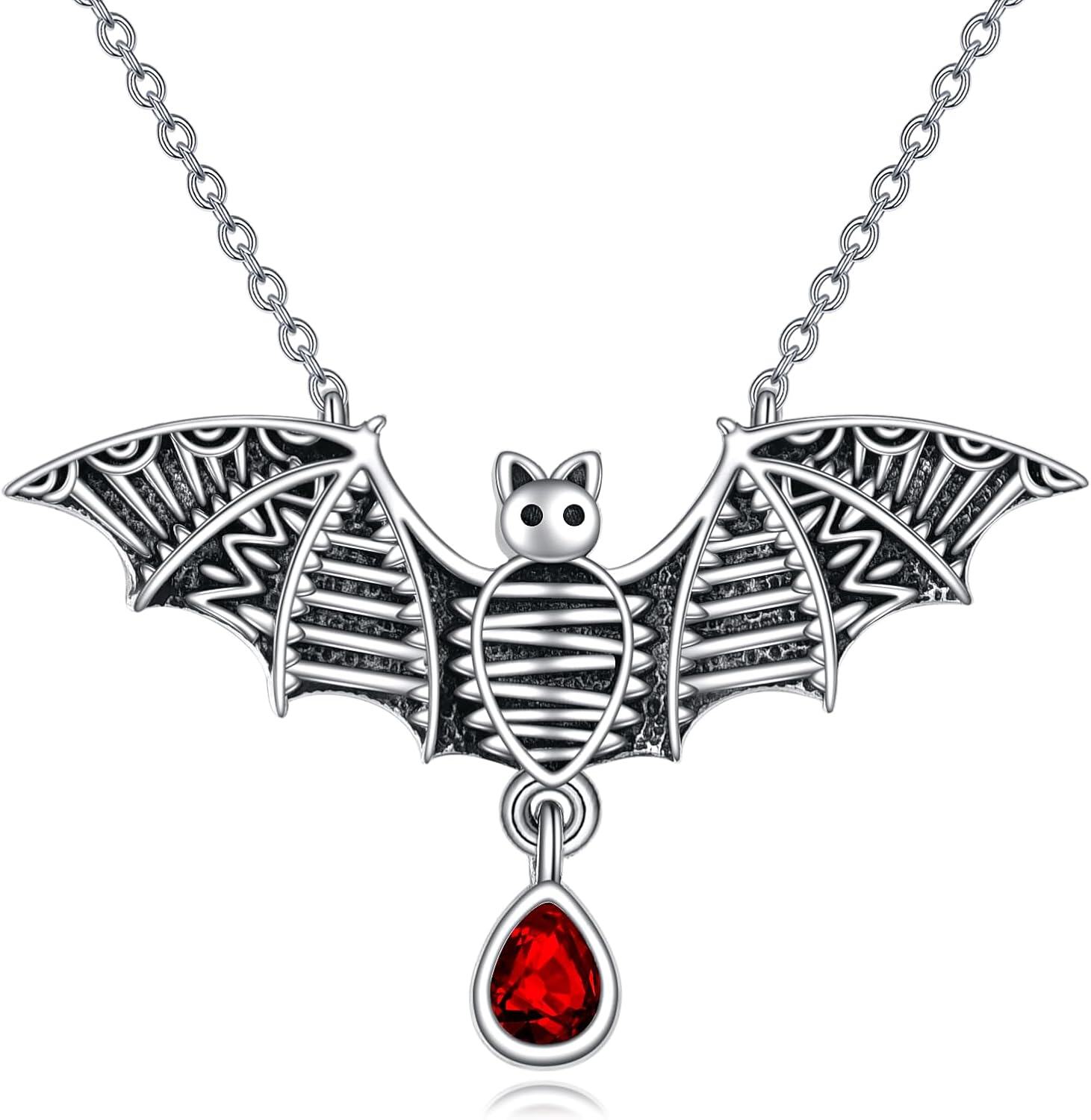  Sterling Silver Heart Necklace w Gothic Punk Red Heart Pendant Skeleton Skull Scythe Bat Music Envelope Paper Airplane Design -G-Bat-1