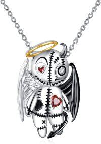 wholesale 925 Sterling Silver Angel Devil Teddy Bear Pendant Necklace with Red Heart Stone for Women Girls Gifts-Voodoo Doll
