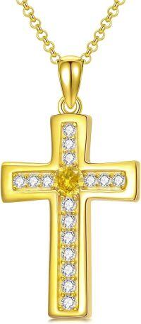 wholesale 925 Sterling Silver Gold Plated Cubic Zirconia Birthstone Cross Necklace-K.Orange-November-Topaz