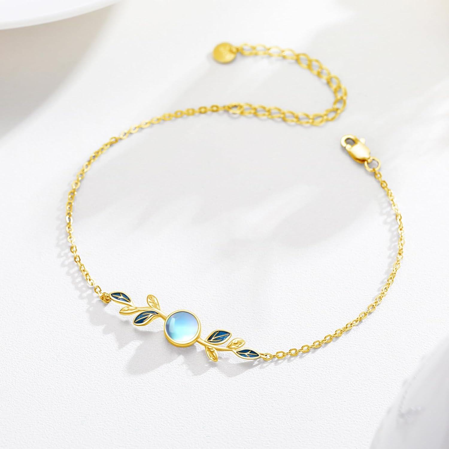 wholesale Gold 925 Sterling Silver Blue Enamel Leaves & Round Stone Charm Bracelet for Women's Gifts-0-2