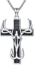 wholesale 925 Sterling Silver Black Stone Fishing Hook & Deer Antlers Mens Cross Necklace Hunt  for Him-0-0