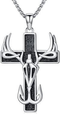 wholesale 925 Sterling Silver Black Stone Fishing Hook & Deer Antlers Mens Cross Necklace Hunt  for Him-Cross-1